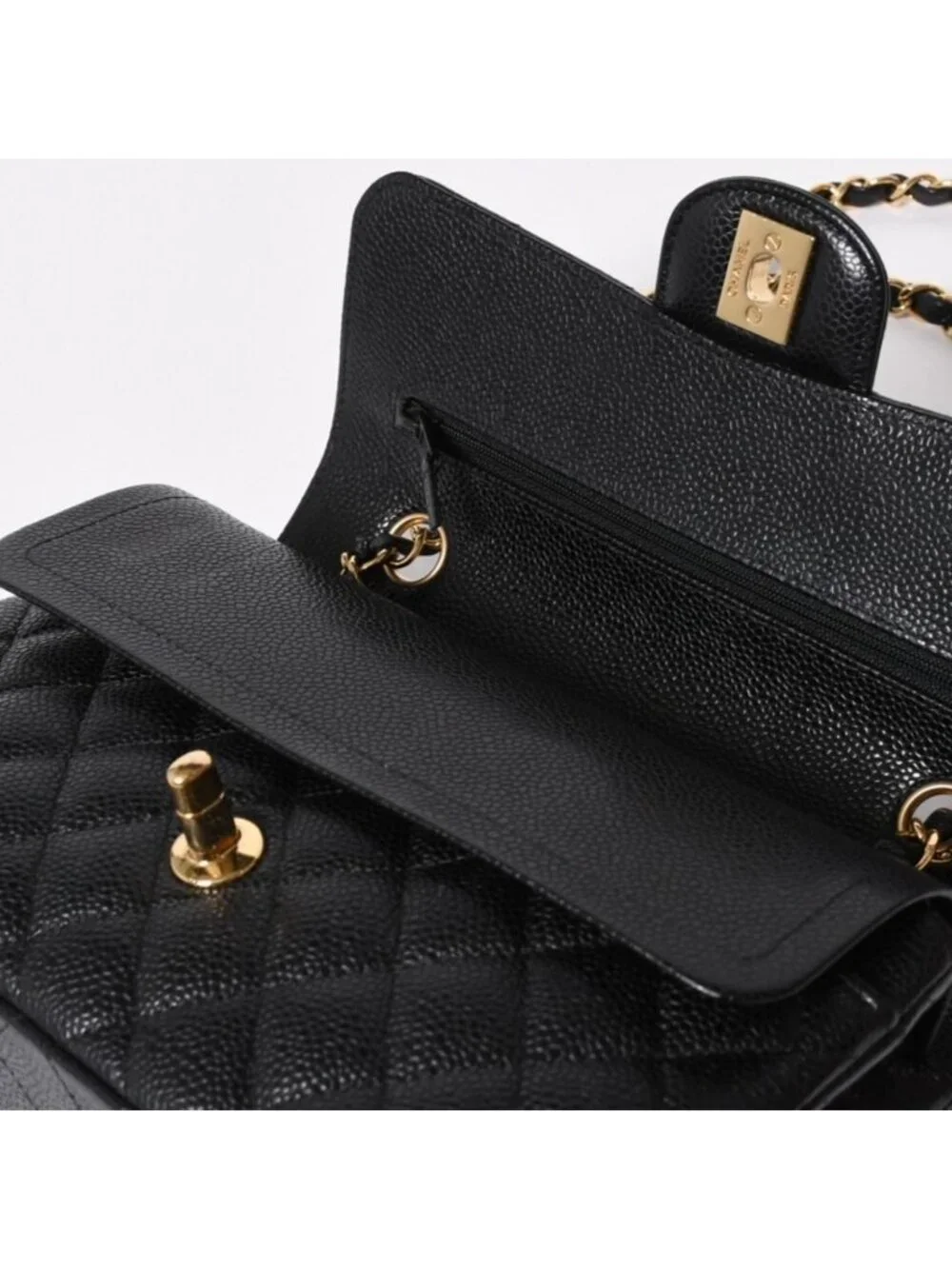 Chanel Quilted 23 Double Flap Chain Shoulder Bag CC Logo Caviar Leather Black